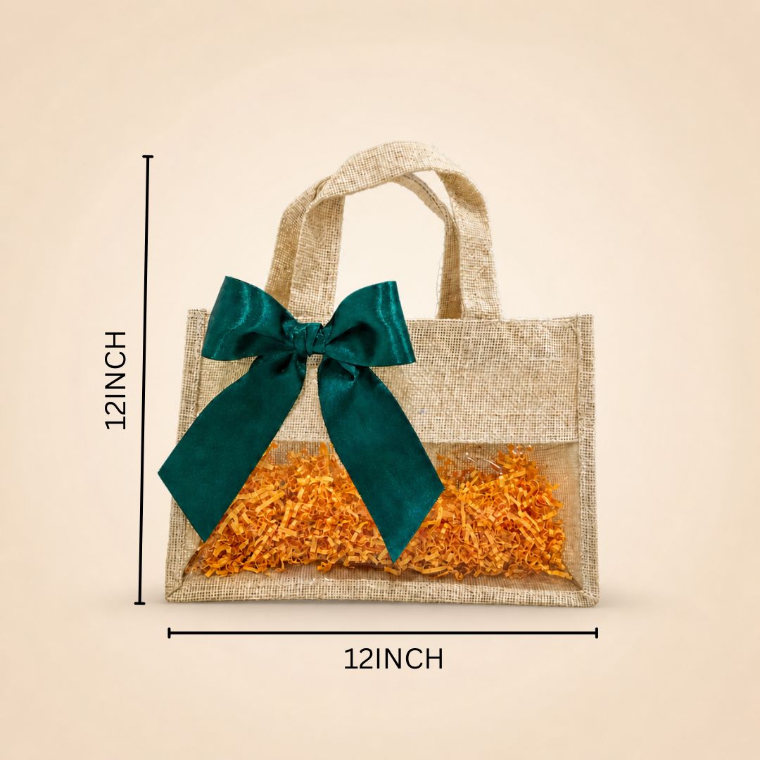 (Set of 5)Premium Jute Gift Bags with Transparent Window & Satin Bow – (12 x 12 Inch)