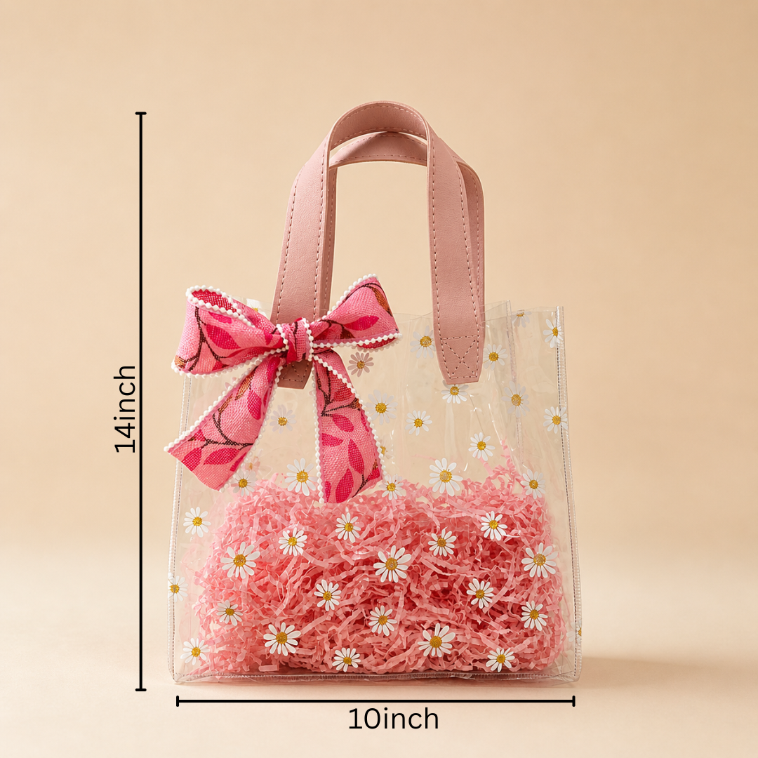 (Set of 5)Premium Transparent Floral Gift Bag with Bow Handle – (10 x 14 Inch)