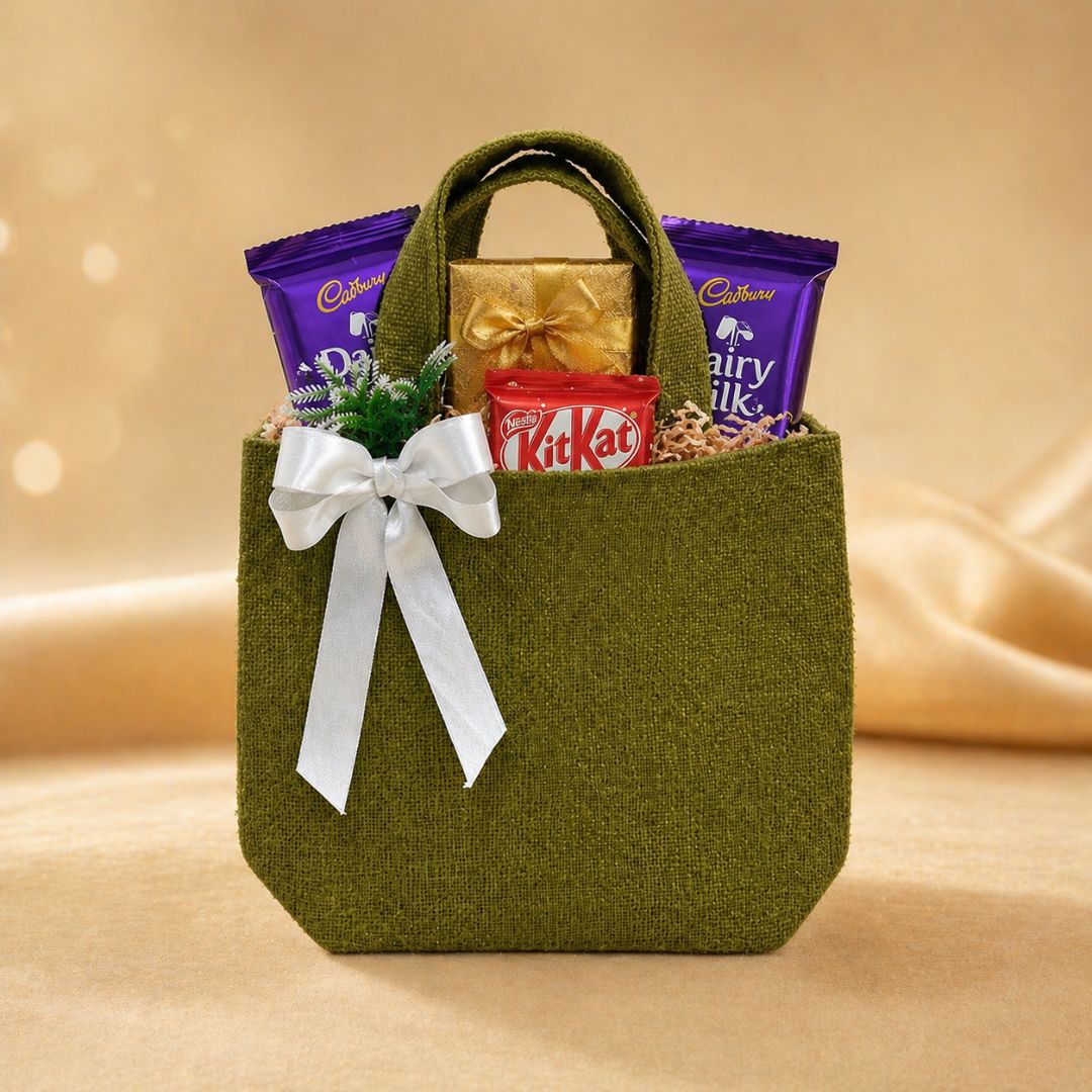 (Set of 5)Premium Olive Green Jute Gift Bag with Ribbon & Floral Accent  –  (11 x 15 Inch Sizes)