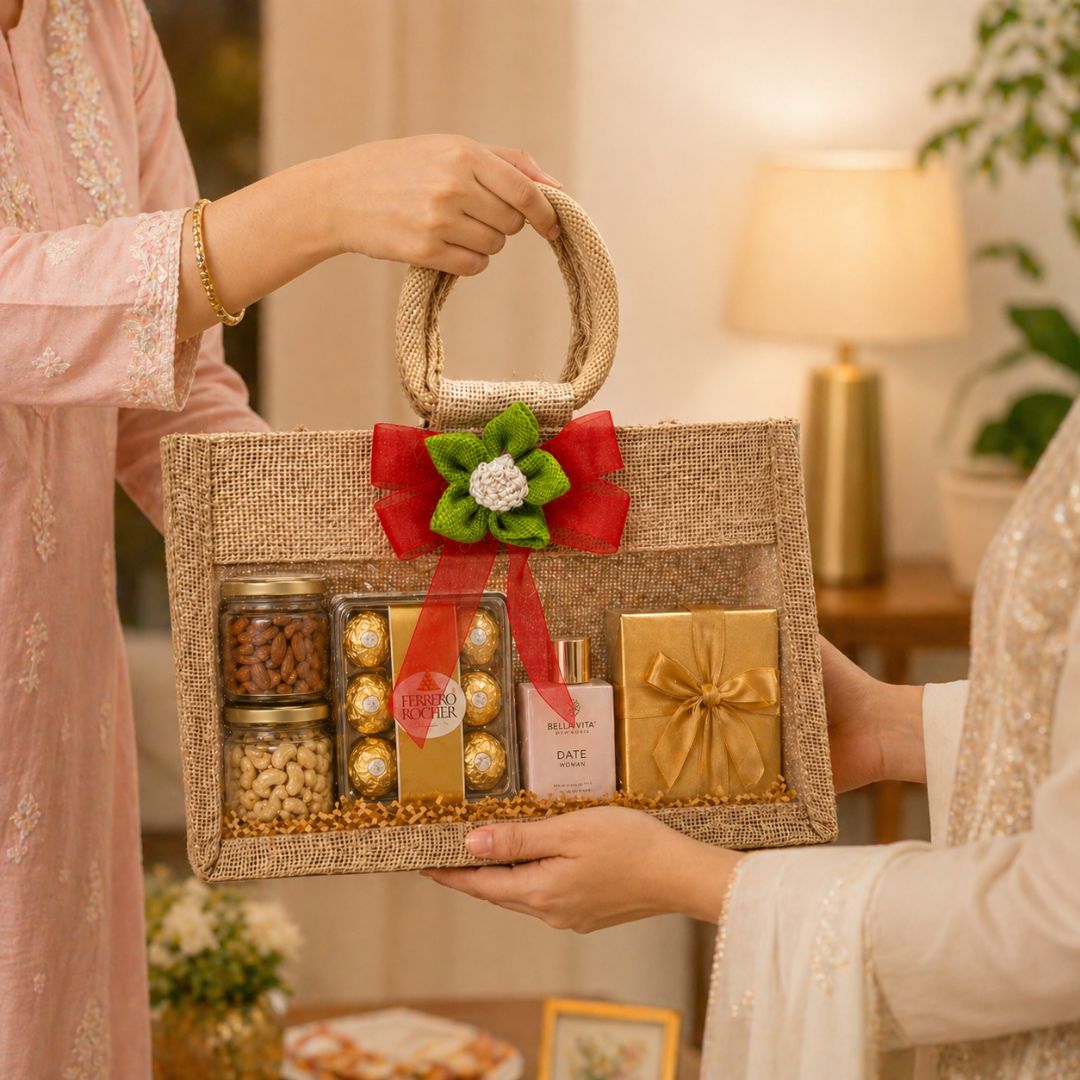 (Set of 5)Premium Jute Window Gift Basket with Handle & Floral Ribbon – 10 x 8 Inches
