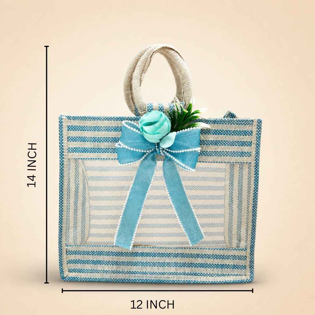 (Set of 5)Premium Blue Striped Jute Gift Bag with Transparent Window & Floral Bow –  (12 x 14 Inches)