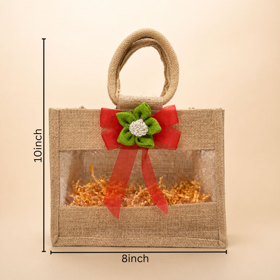 (Set of 5)Premium Jute Window Gift Basket with Handle & Floral Ribbon – 10 x 8 Inches