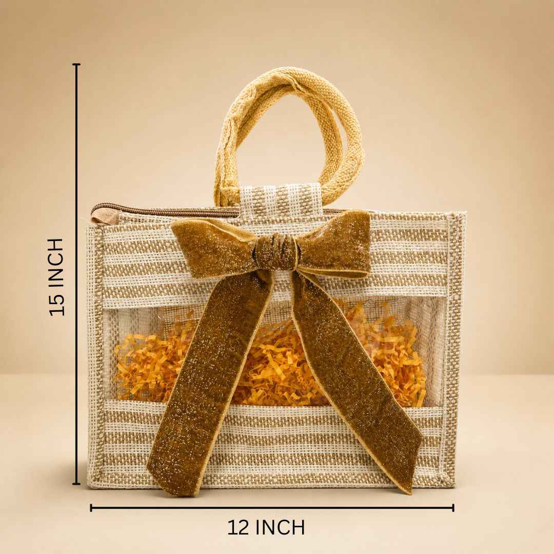 (Set of 5)Premium Jute Gift Bags with Transparent Window & Golden Bow – 12 x 15 Inches