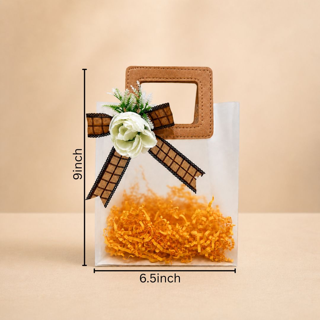 (Set of 5)Premium Frosted Gift Bag with Wooden Handle & Floral Bow – (6.5 x 9 Inches)