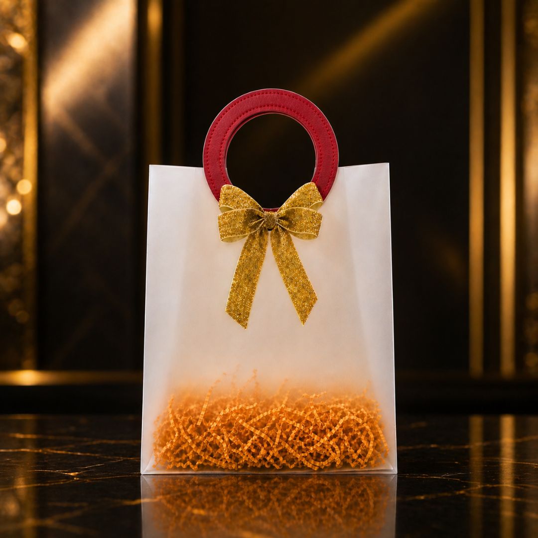 (Set of 5)Premium Frosted Gift Bags with Designer Ring Handle & Golden Bow –(7 x 10 Inch)