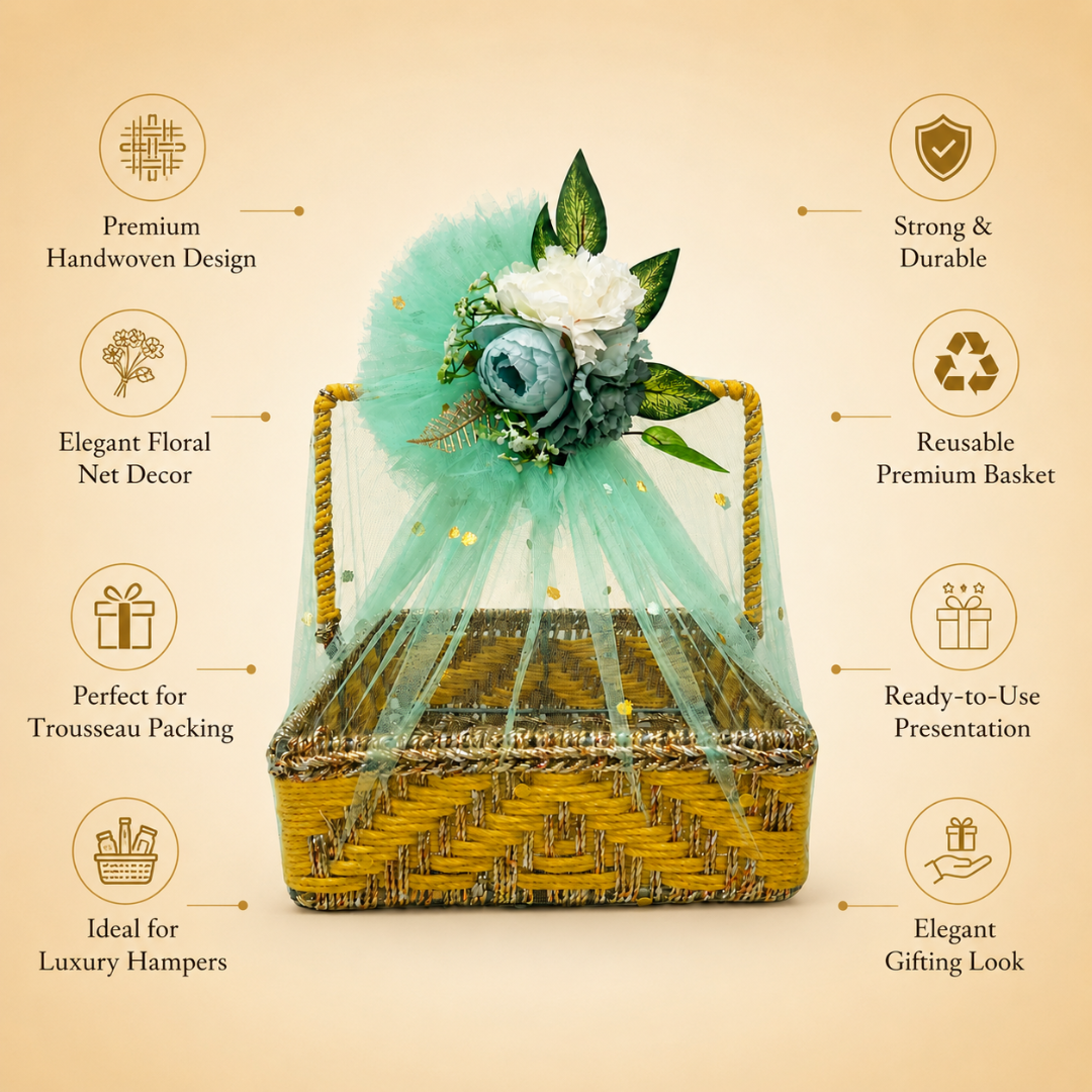 (Set of 3 )Premium Yellow Handwoven Trousseau Basket Set with Mint Net Decor –