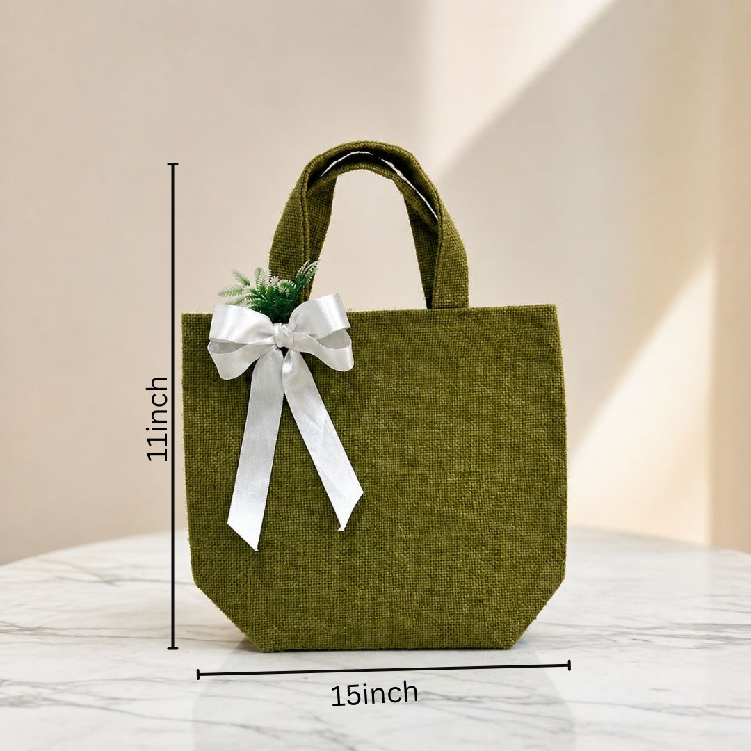(Set of 5)Premium Olive Green Jute Gift Bag with Ribbon & Floral Accent  –  (11 x 15 Inch Sizes)