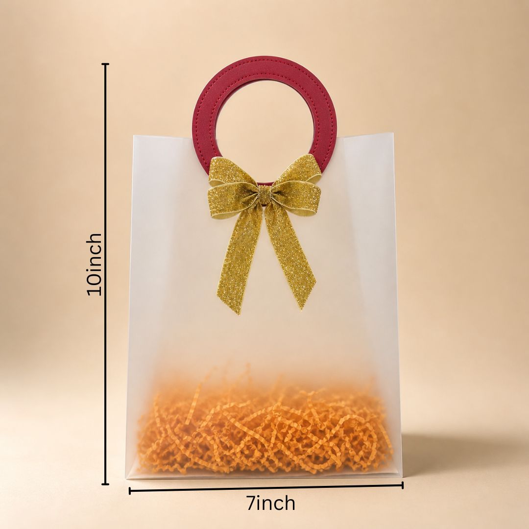(Set of 5)Premium Frosted Gift Bags with Designer Ring Handle & Golden Bow –(7 x 10 Inch)