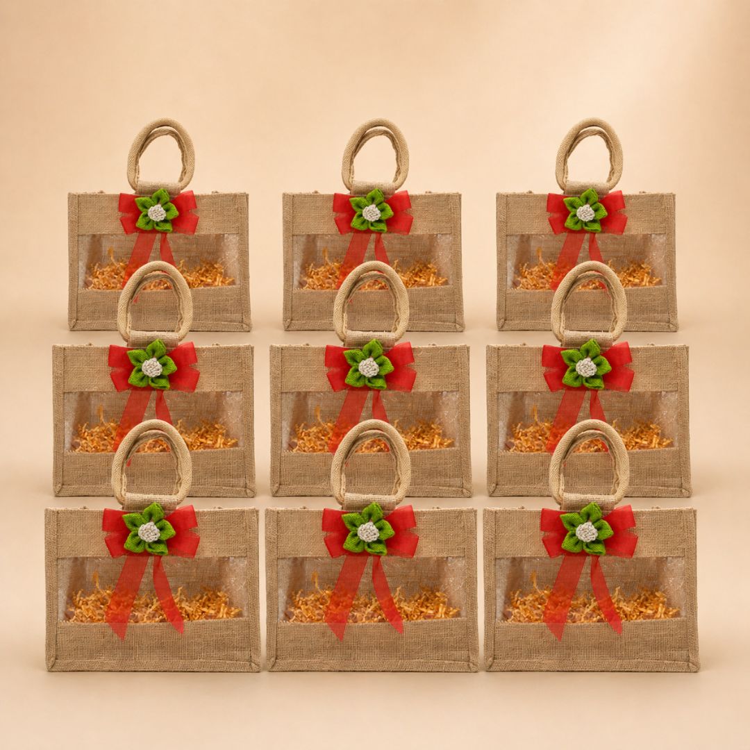 (Set of 5)Premium Jute Window Gift Basket with Handle & Floral Ribbon – 10 x 8 Inches