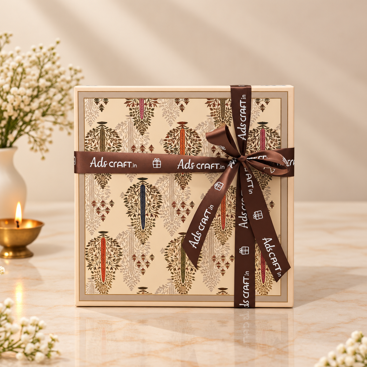 Open Copper Celebration Diwali hamper with copper glass set, premium sweets, brittle and decorative crystal diya