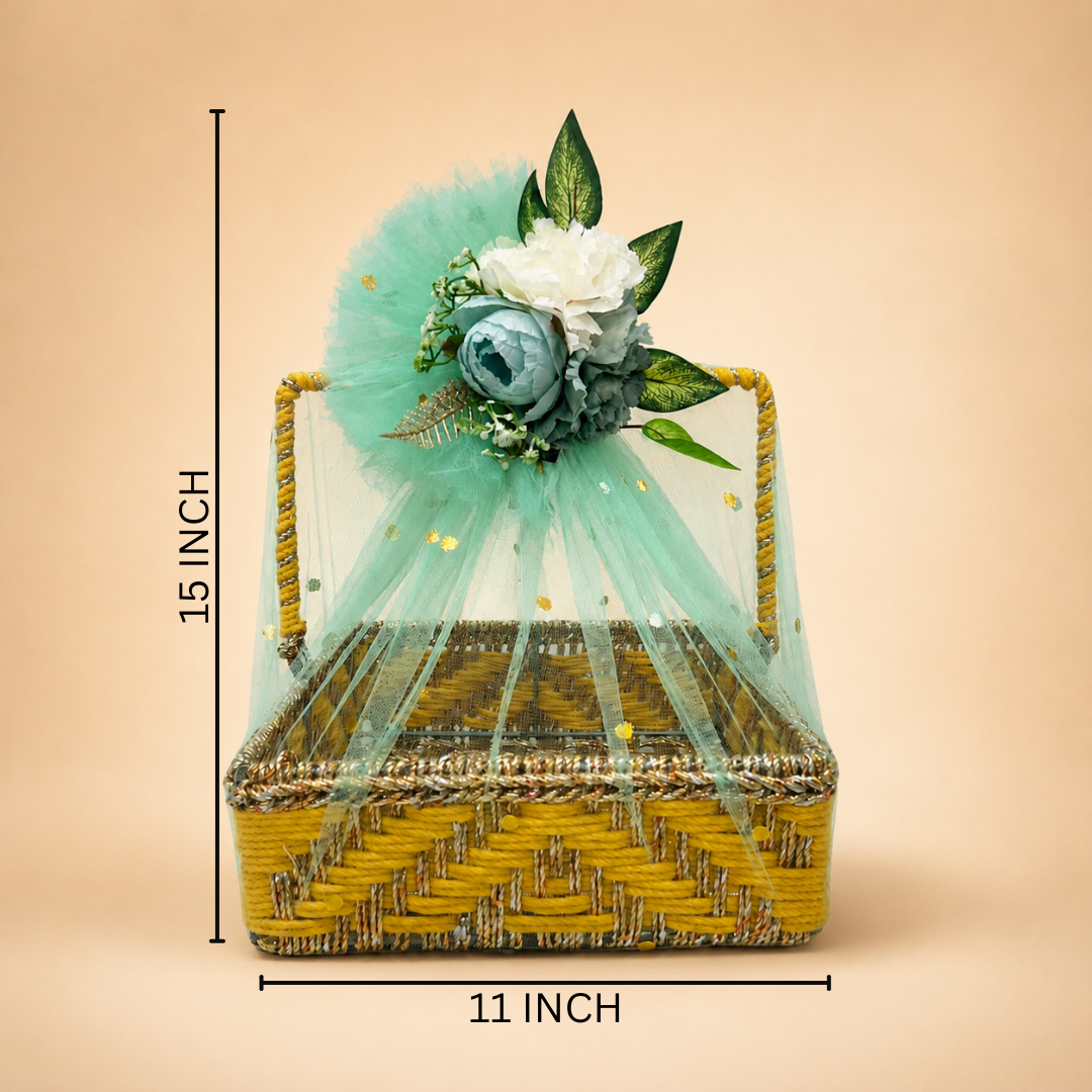 (Set of 3 )Premium Yellow Handwoven Trousseau Basket Set with Mint Net Decor –