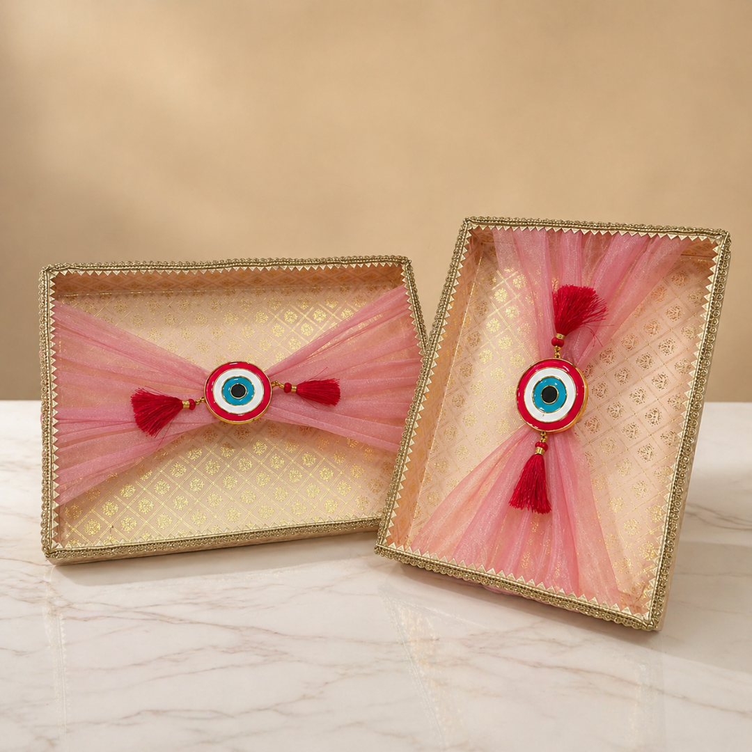 (Set of 2)Premium Evil Eye Net Gift Tray (16x12 & 14x10 Inch) – Pink Fabric Finish with Tassel Decor