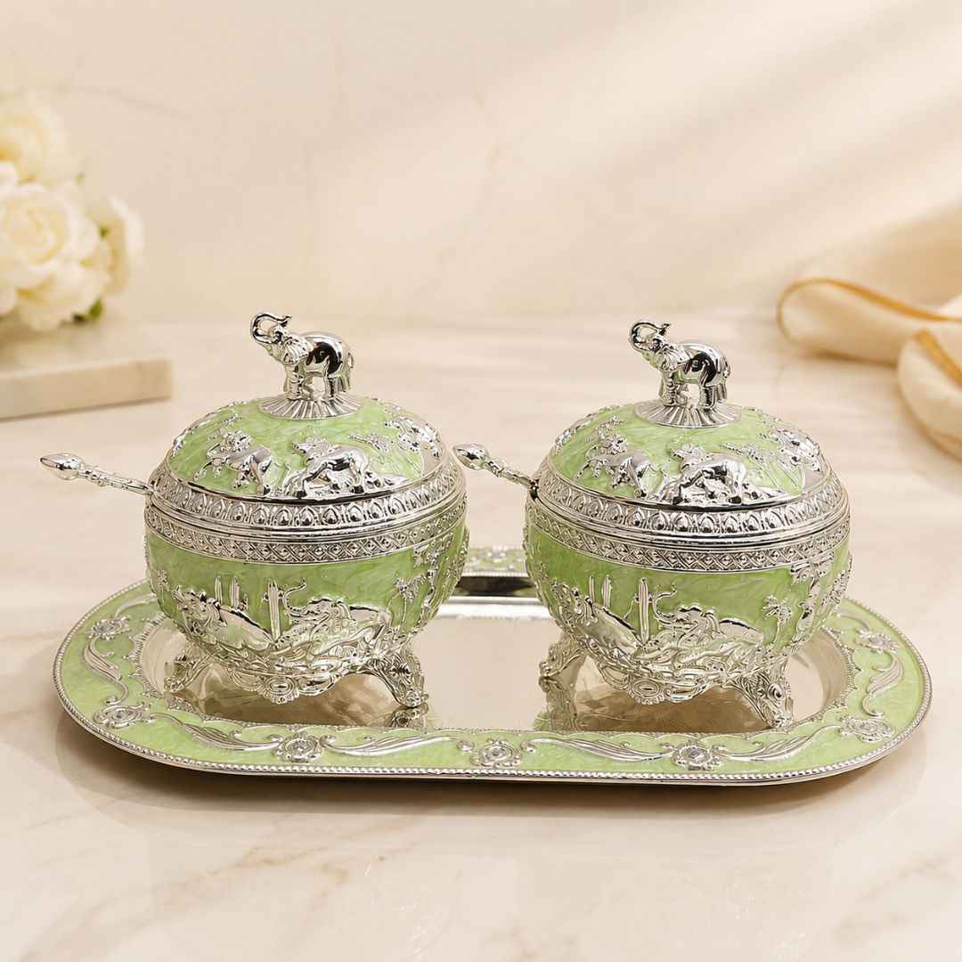 German Silver Green Elephant Serving Set with Spoon