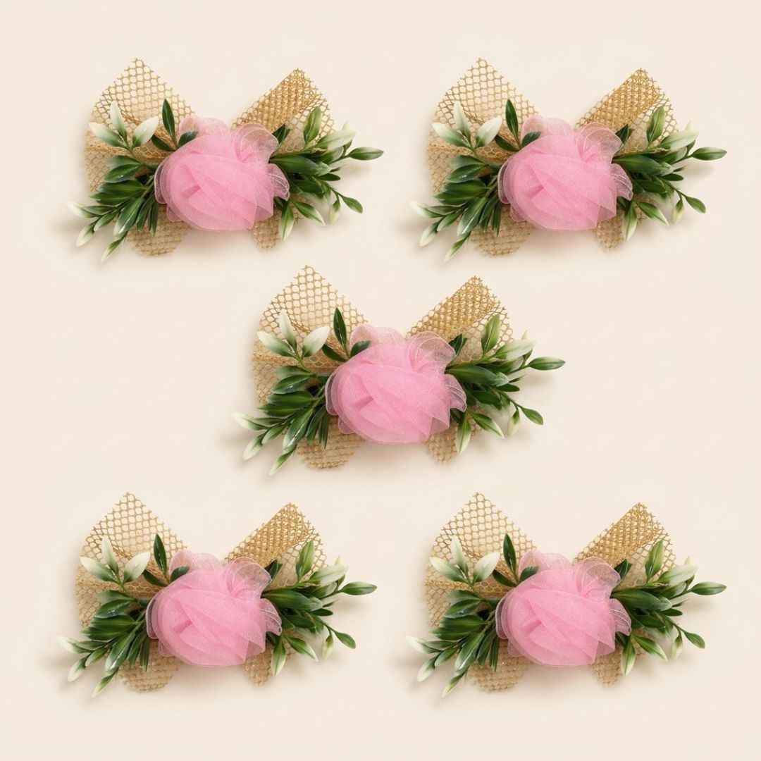 Set of 5 Pink Net Flower Decorative Accessories for Hamper & Trousseau Packing