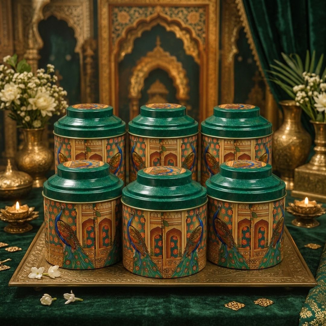 Pack of 6 Peacock Printed Metal Tin Box with Lid – Premium Gift & Dry Fruit Packaging Box