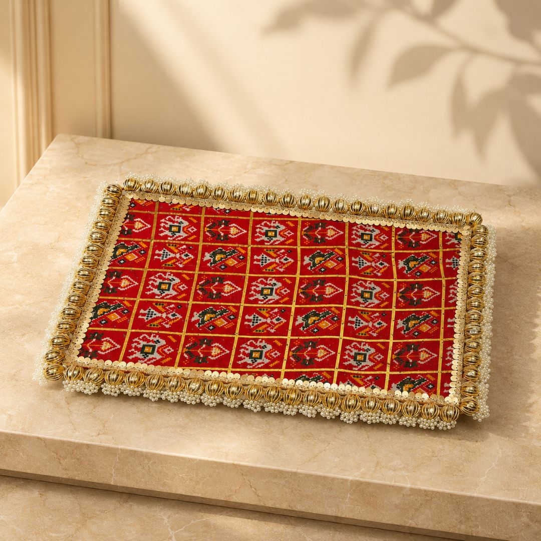 Red Patola Pearl Border Wedding Trousseau Tray