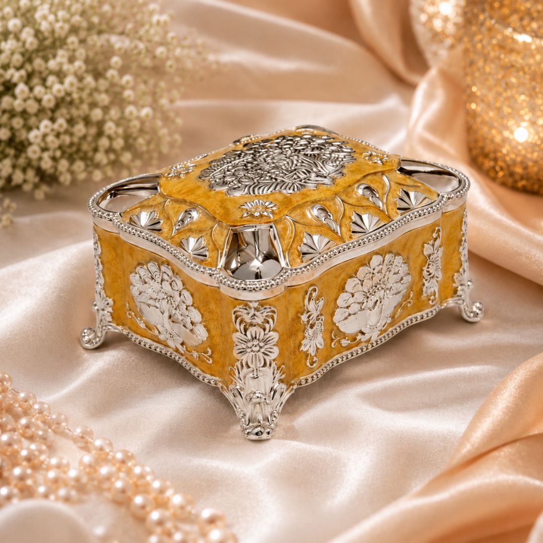 Mustard Enamel German Silver Decorative Jewellery & Keepsake Box (4 x 3 x 3 Inch)