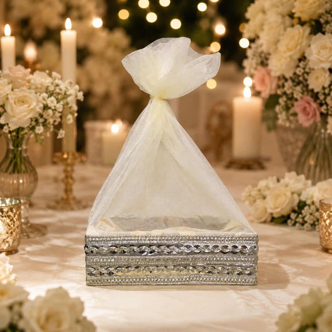 Cream organza potli basket set of 3 – top view showing all 3 baskets (8x8 inches) with silver lace border for wedding return gifts
