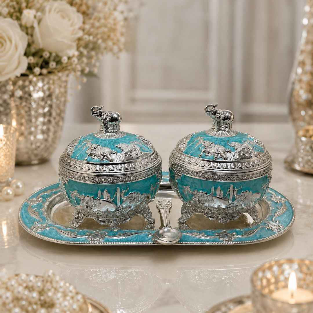 German Silver Aqua Elephant Serving Set with Spoon
