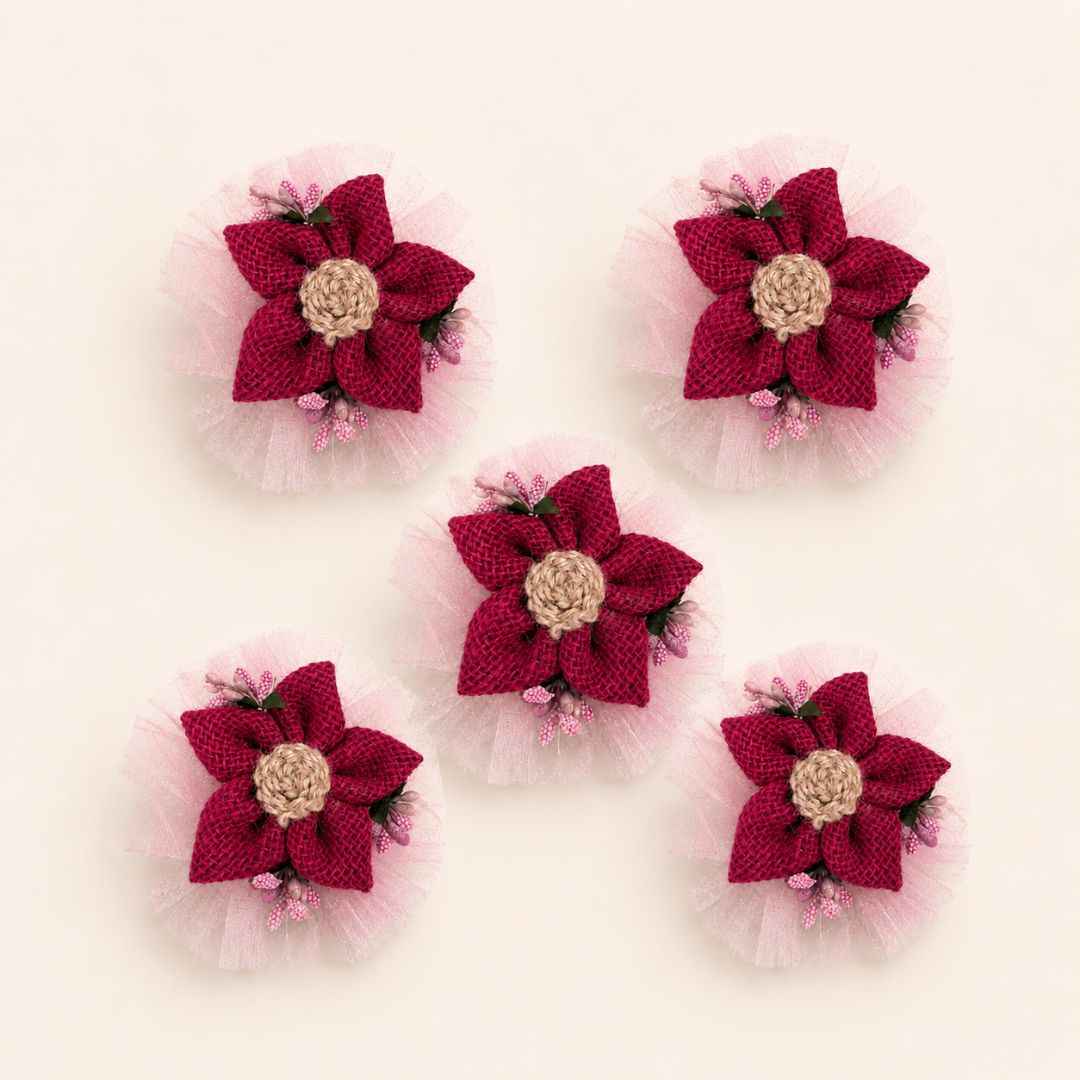 Set of 5 Magenta Jute Floral Net Decoration Accessories for Hamper Packing