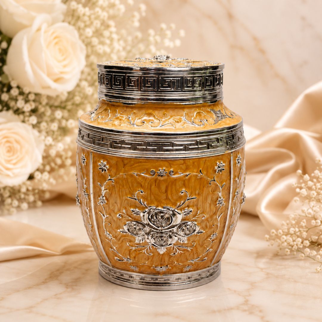 Luxury Orange Floral Silver Finish Storage Jar with Lid (7 x 5 Inch)