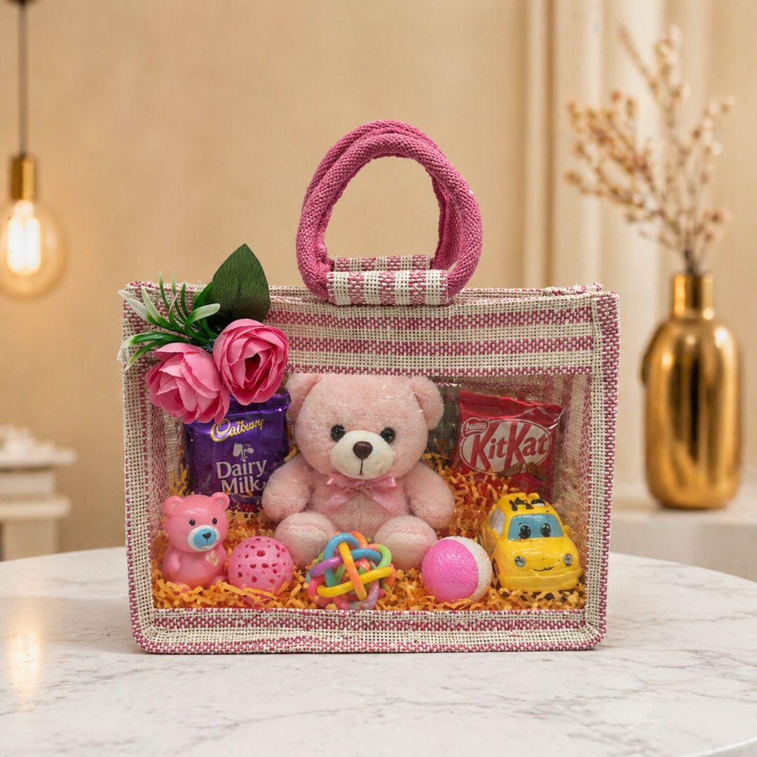 (Set of 5) Premium Pink Jute Gift Bags with Floral Decoration & Handle (11 x 12 Inch) – Wedding Return Gift & Hamper Packaging