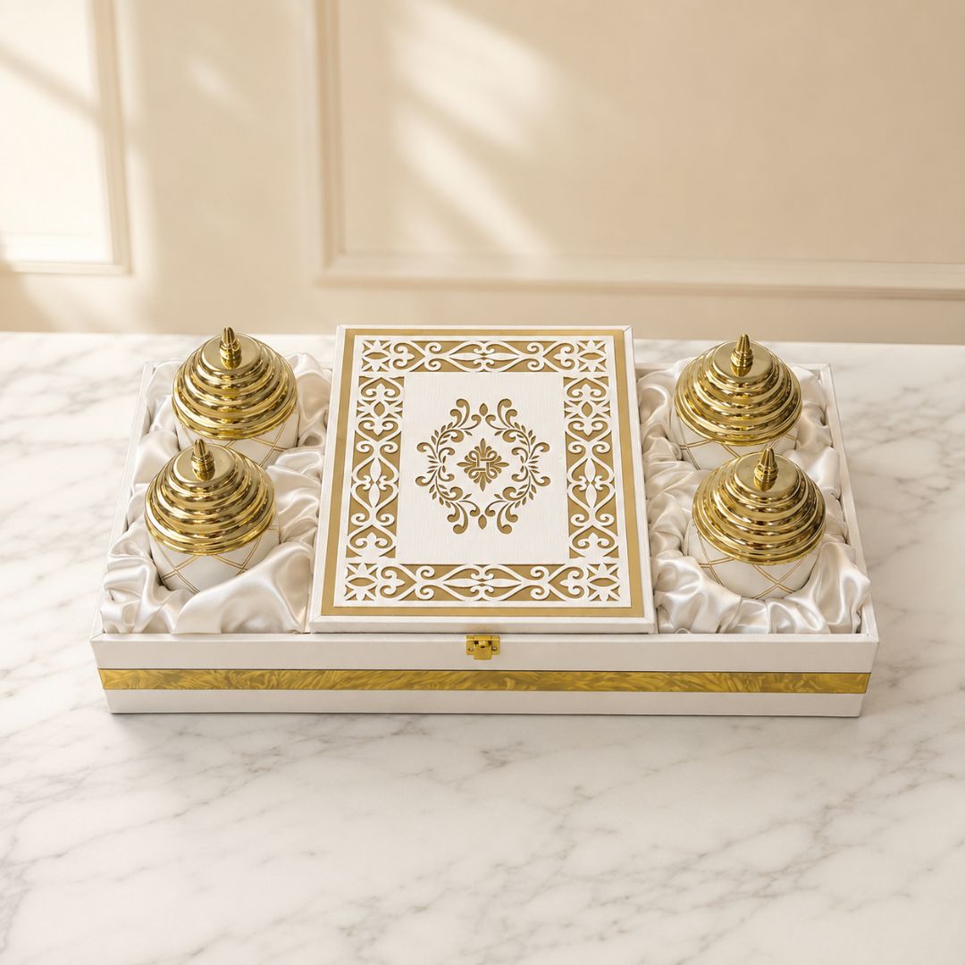 Ivory Gold 4 Jar Dry Fruit Gift Box Set with Decorative Centre Box