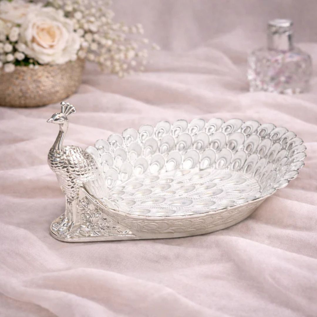 Peacock-Shaped German Silver Dry Fruit Tray (8 Inch) – Elegant Wedding & Festive Serving Platter