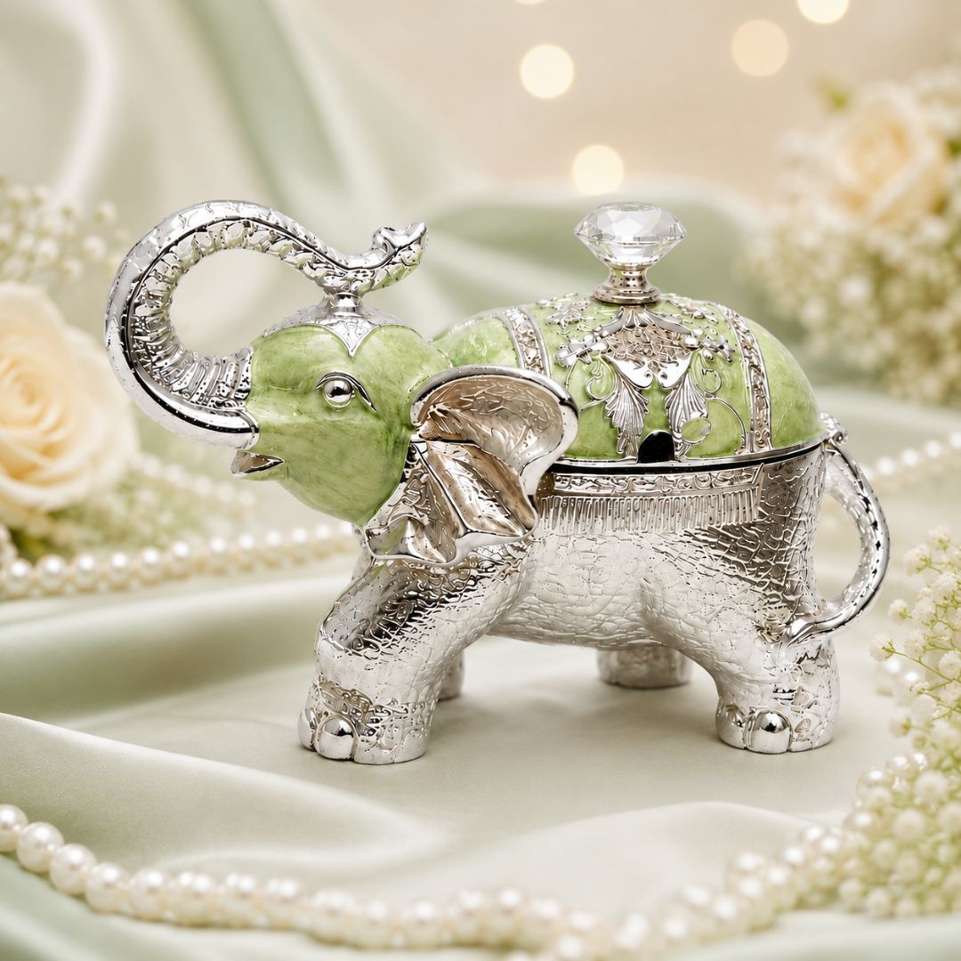 Luxury Silver Elephant Dry Fruit Box – Green Finish | 8 x 6 Inch Decorative Gift Box