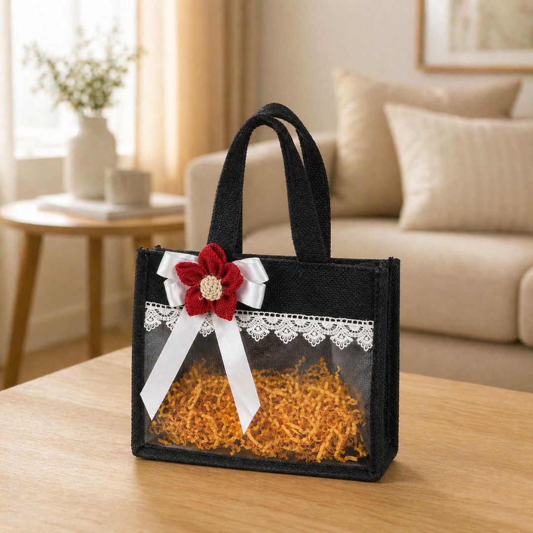 (Set of 5)Premium Black Jute Gift Basket with Transparent Window & Lace Decor | (8 x 10 Inch Sizes)
