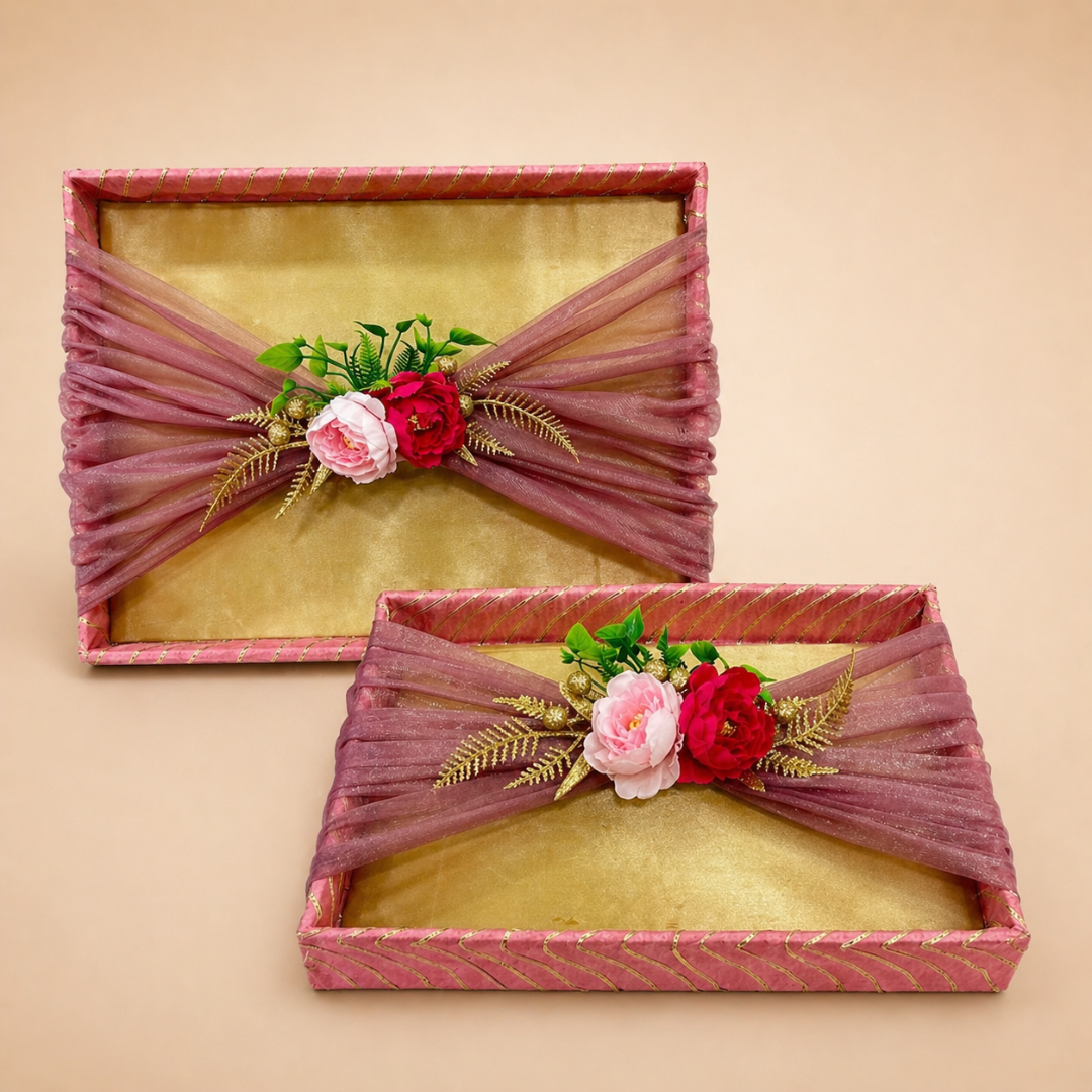 (Set of 2)Premium Pink & Gold Floral Net Gift Tray Set – Decorative Wedding Trousseau Trays