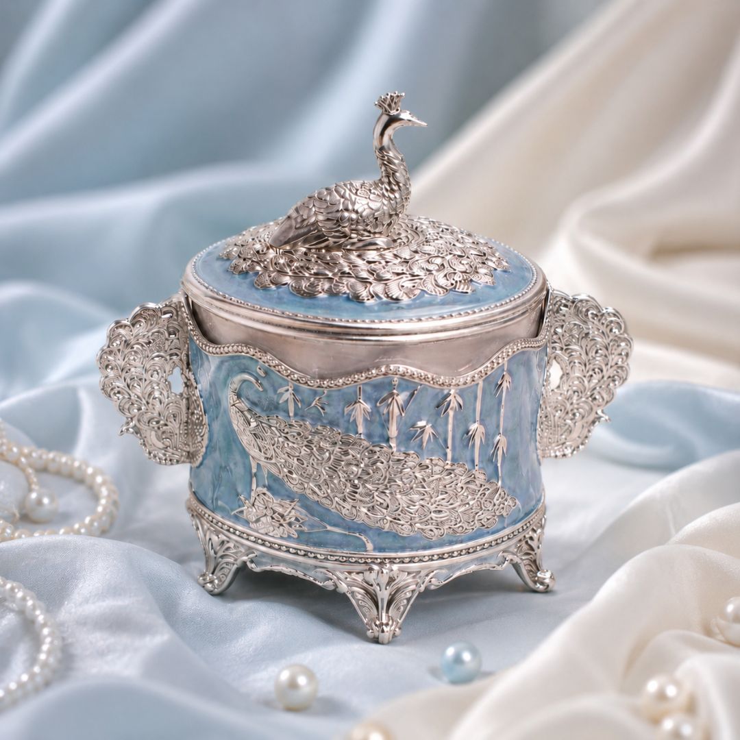 German Silver Peacock Round Jar with Lid – 6 Inch Luxury Sweet & Dry Fruit Box - Adscraft.in