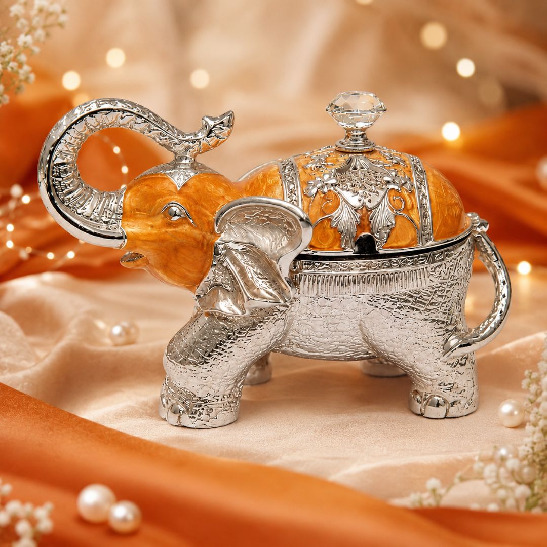 Luxury Elephant Shape Dry Fruit Container with Lid – Silver & Orange Finish (8 Inch)