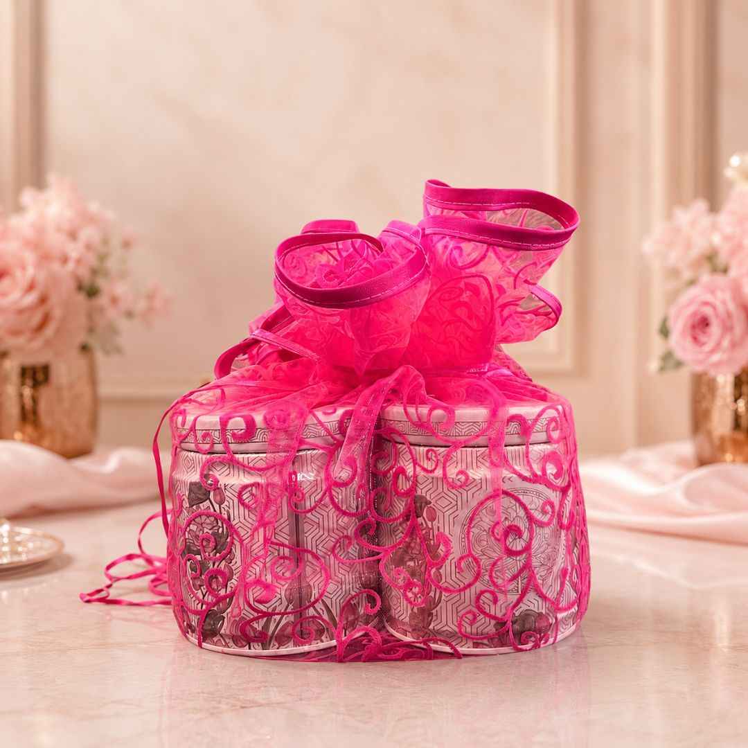 Pink Designer Organza Potli Basket – Set of 5