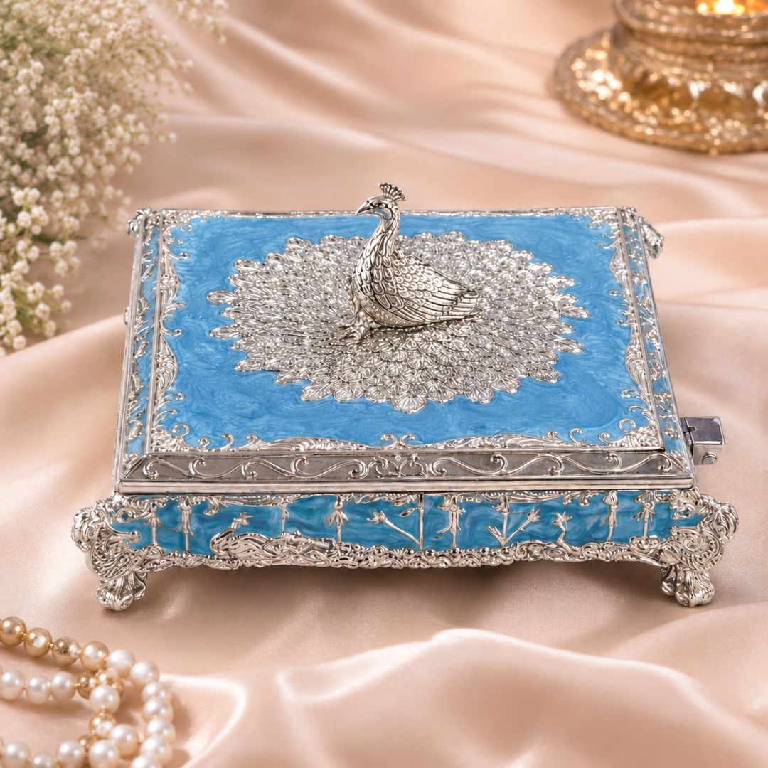 Premium German Silver Peacock Sweet & Dry Fruit Box with Blue Enamel Finish (5 x 5 x 2 Inch)