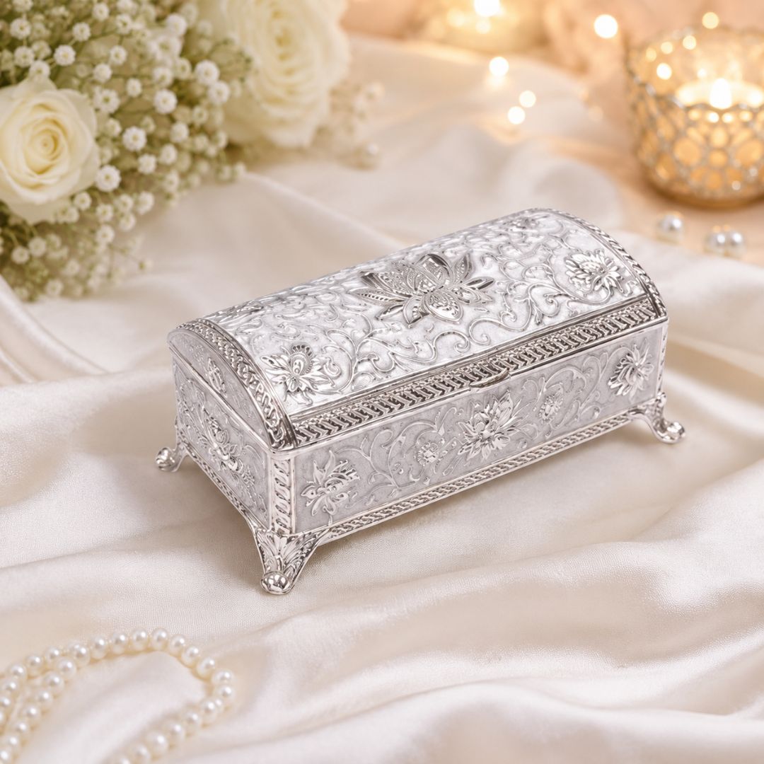 Royal German Silver Embossed Storage Box with Velvet Lining – Luxury Gifting & Décor Piece