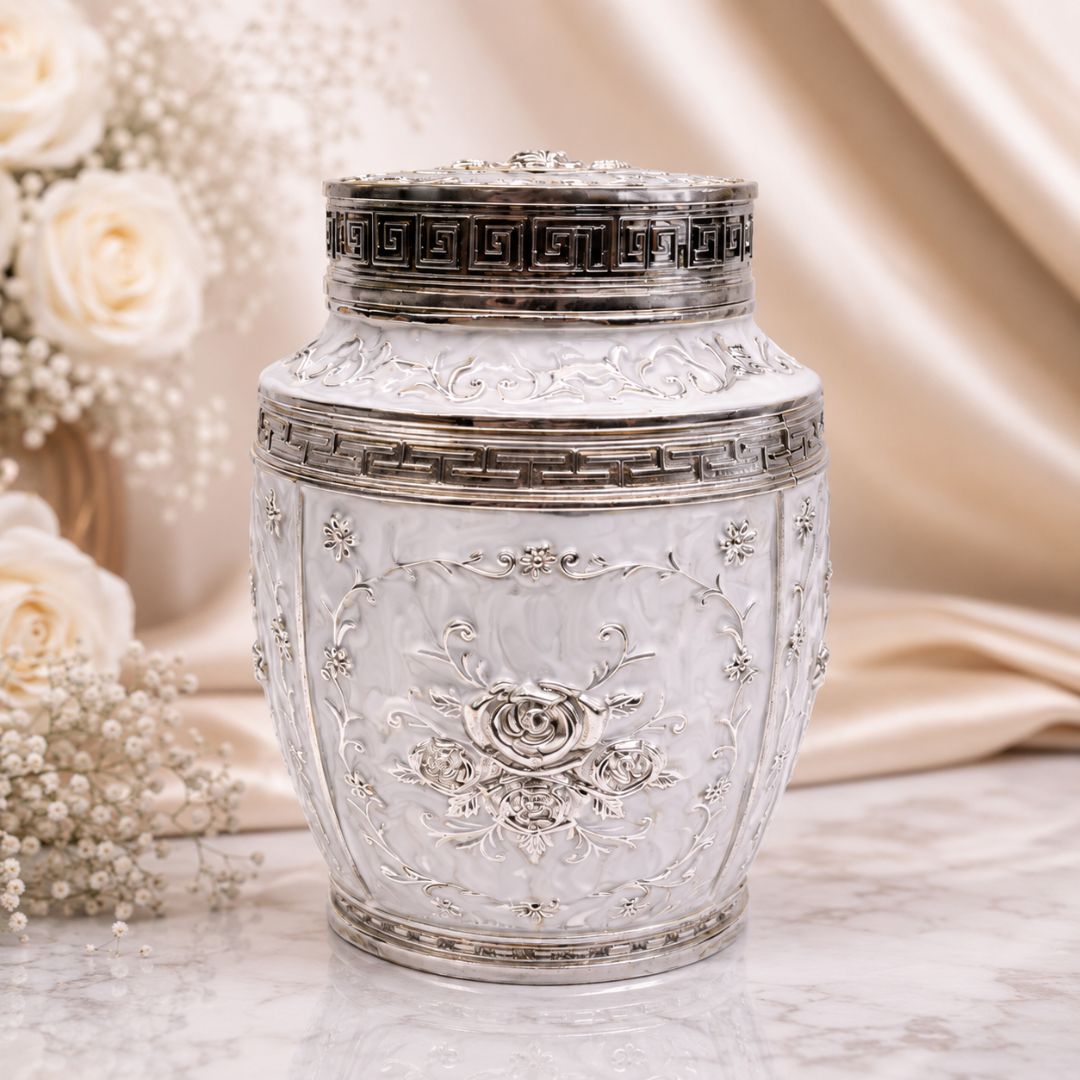 White Floral Silver Decorative Storage Jar (7 x 5 Inch) – Luxury Sweet & Dry Fruit Container