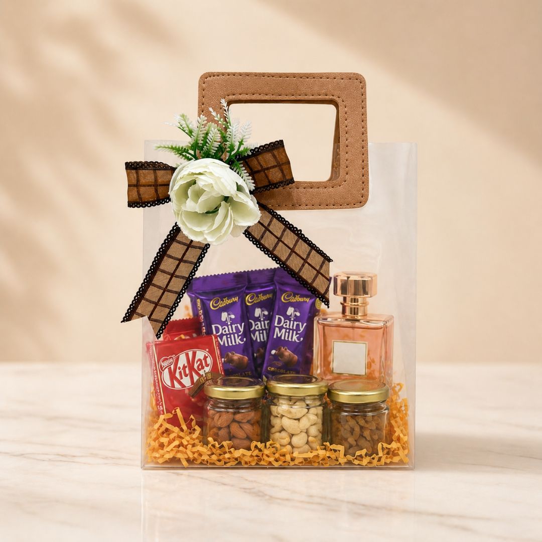 (Set of 5)Premium Frosted Gift Bag with Wooden Handle & Floral Bow – (6.5 x 9 Inches)
