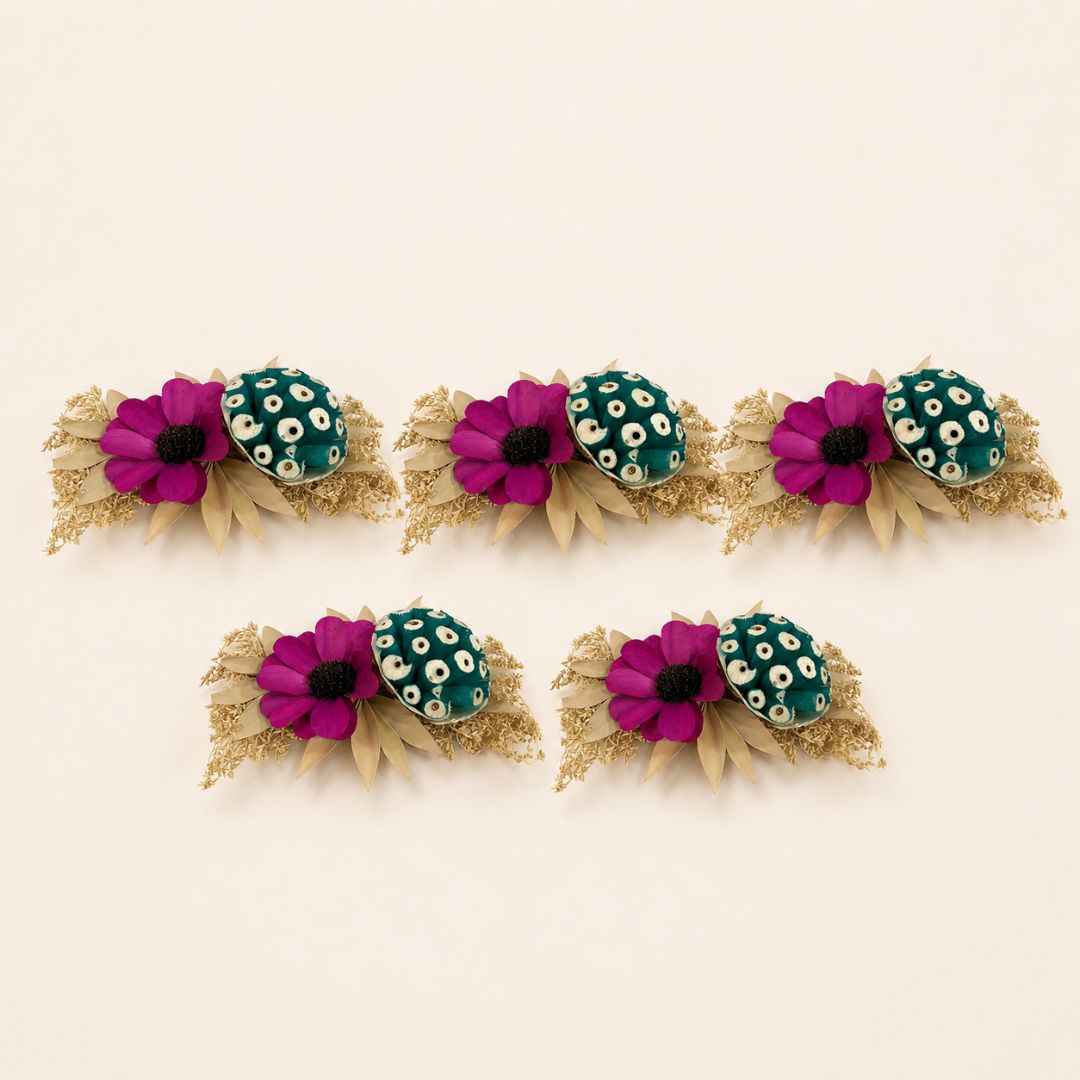 Set of 5 Magenta & Teal Floral Decorative Accessories for Hamper & Trousseau Packing