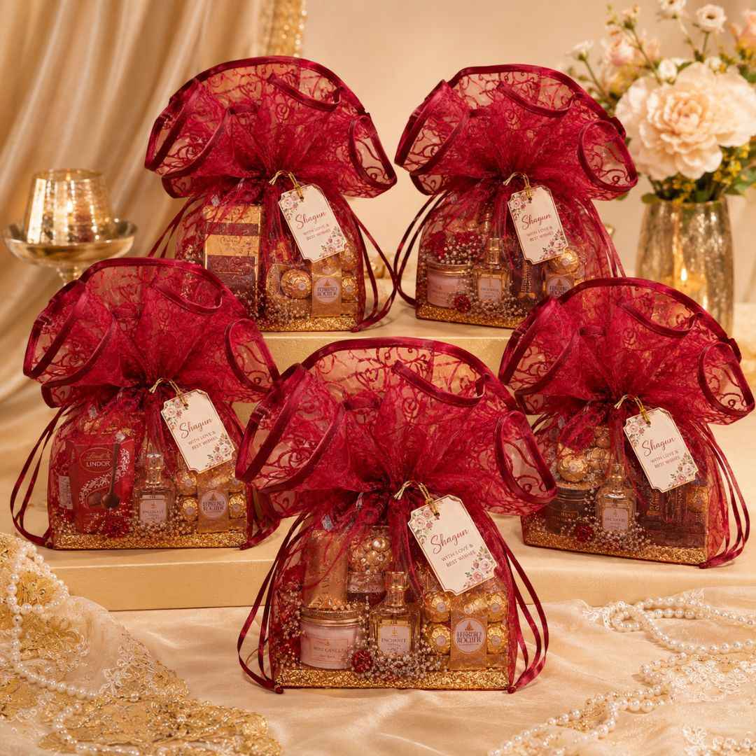 Red Organza Potli Gift Bag Pack of 5 with Golden Base