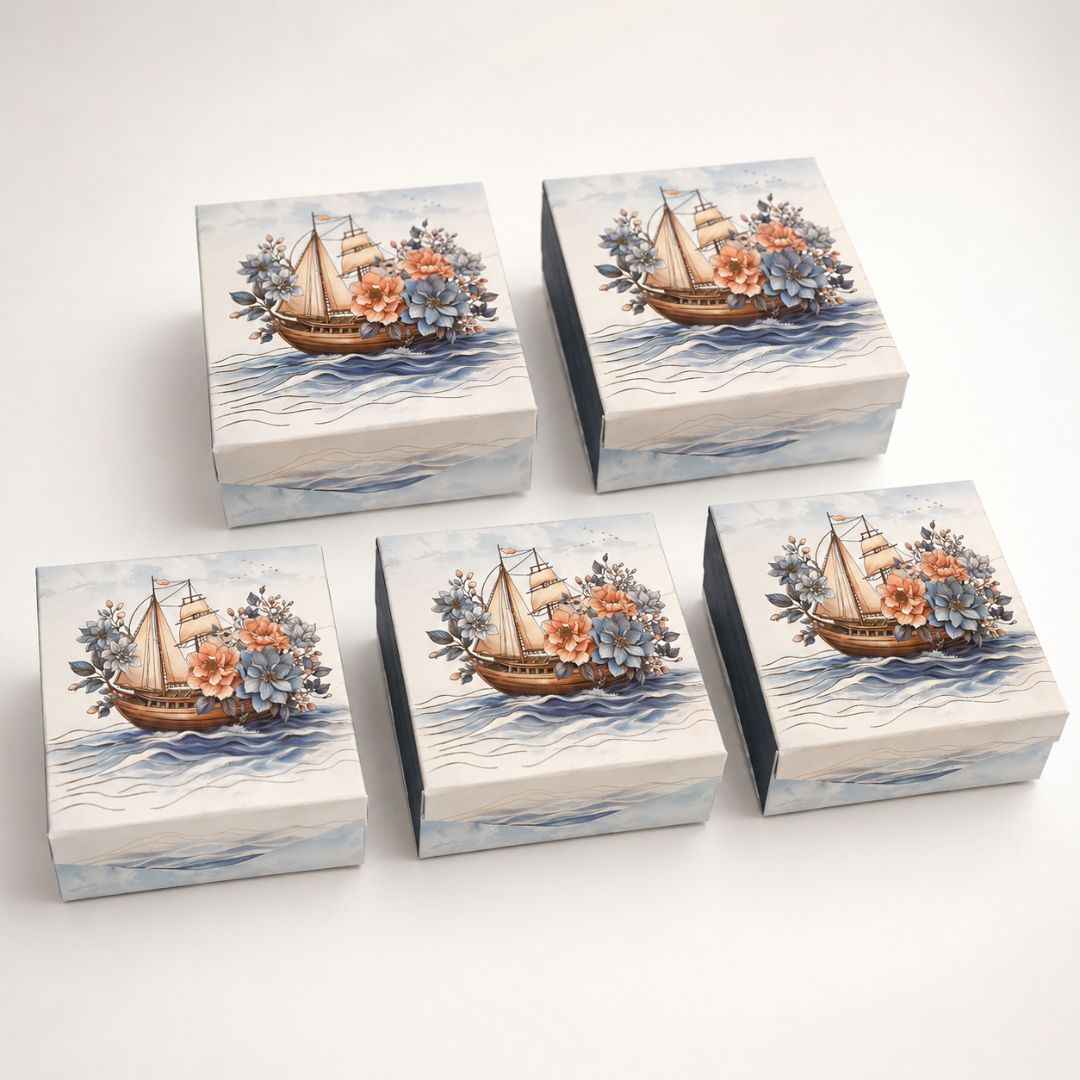 Pack of 5 Sailing Boat Floral Printed Square Gift Box – Premium Gift & Hamper Packaging Box