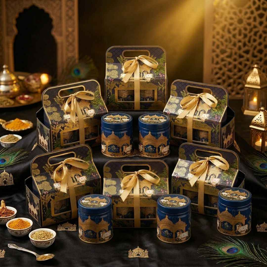 Pack of 6 Royal Blue Palace Printed Metal Tin Box with Lid – Premium Gift & Dry Fruit Packaging Box
