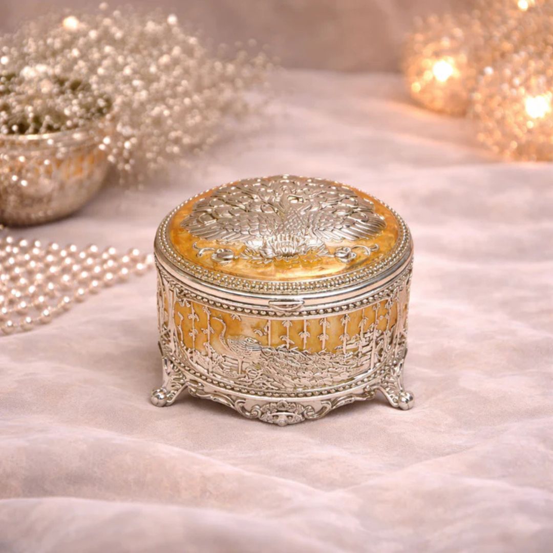Premium German Silver Peacock Jewellery Box – 3 Inch Round with Velvet Interior