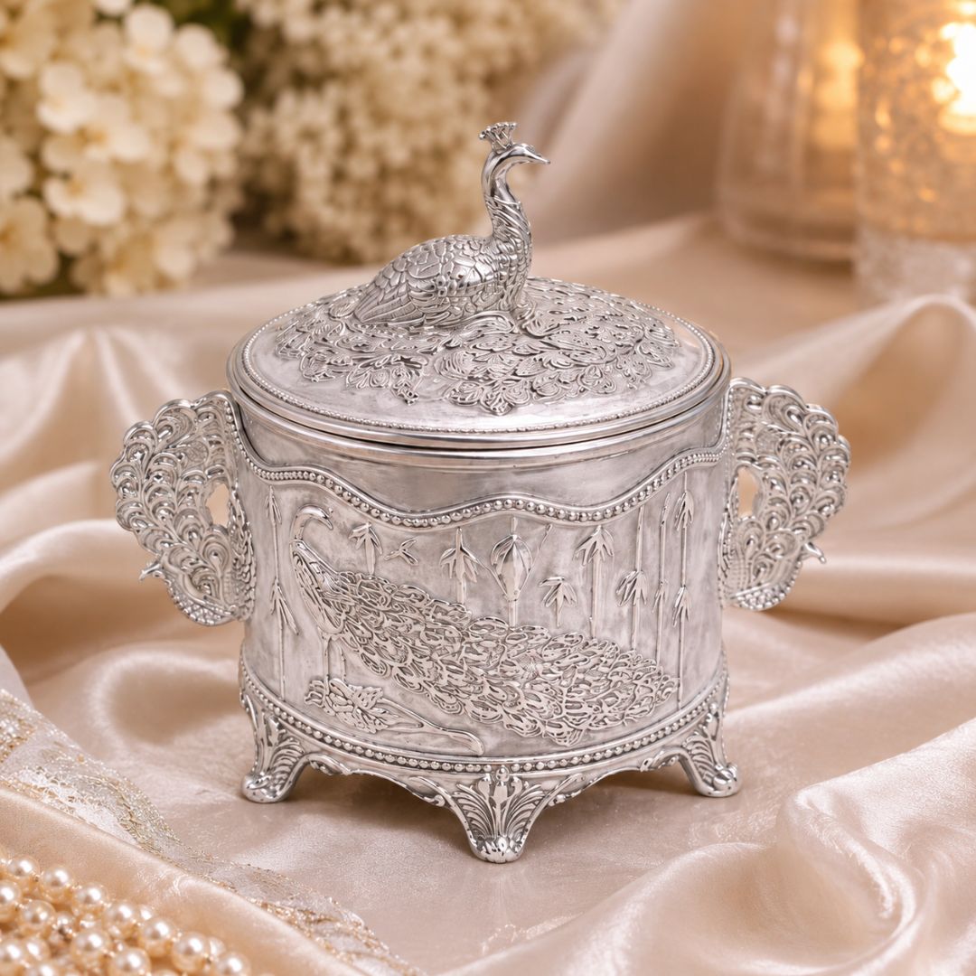 Royal Peacock German Silver Dry Fruit & Sugar Pot – Classic Silver Finish (4 Inch) - Adscraft.in