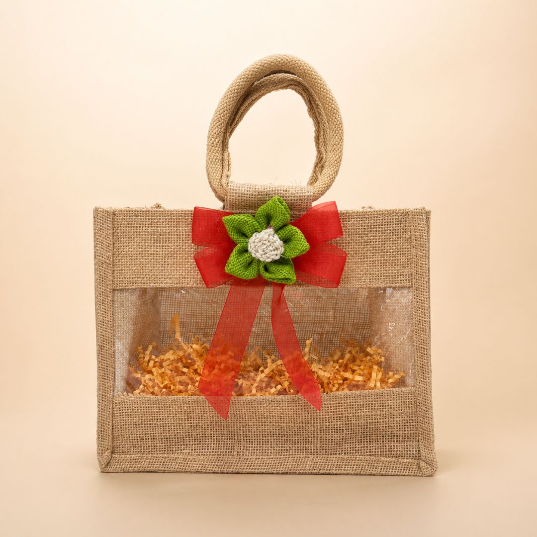(Set of 5)Premium Jute Window Gift Basket with Handle & Floral Ribbon – 10 x 8 Inches