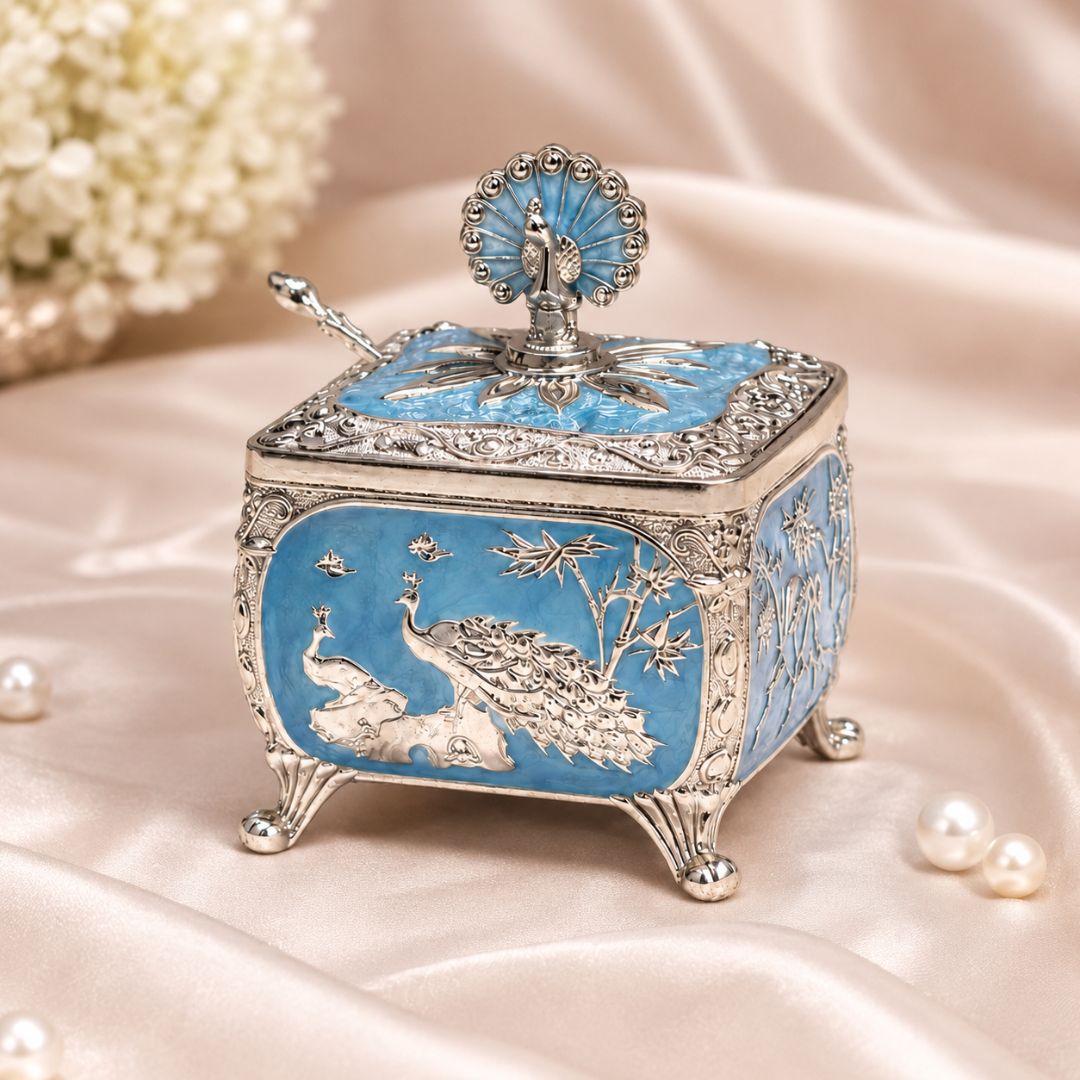 Royal Peacock German Silver Dry Fruit Box – Handcrafted Premium Gift (4 x 4 Inch)