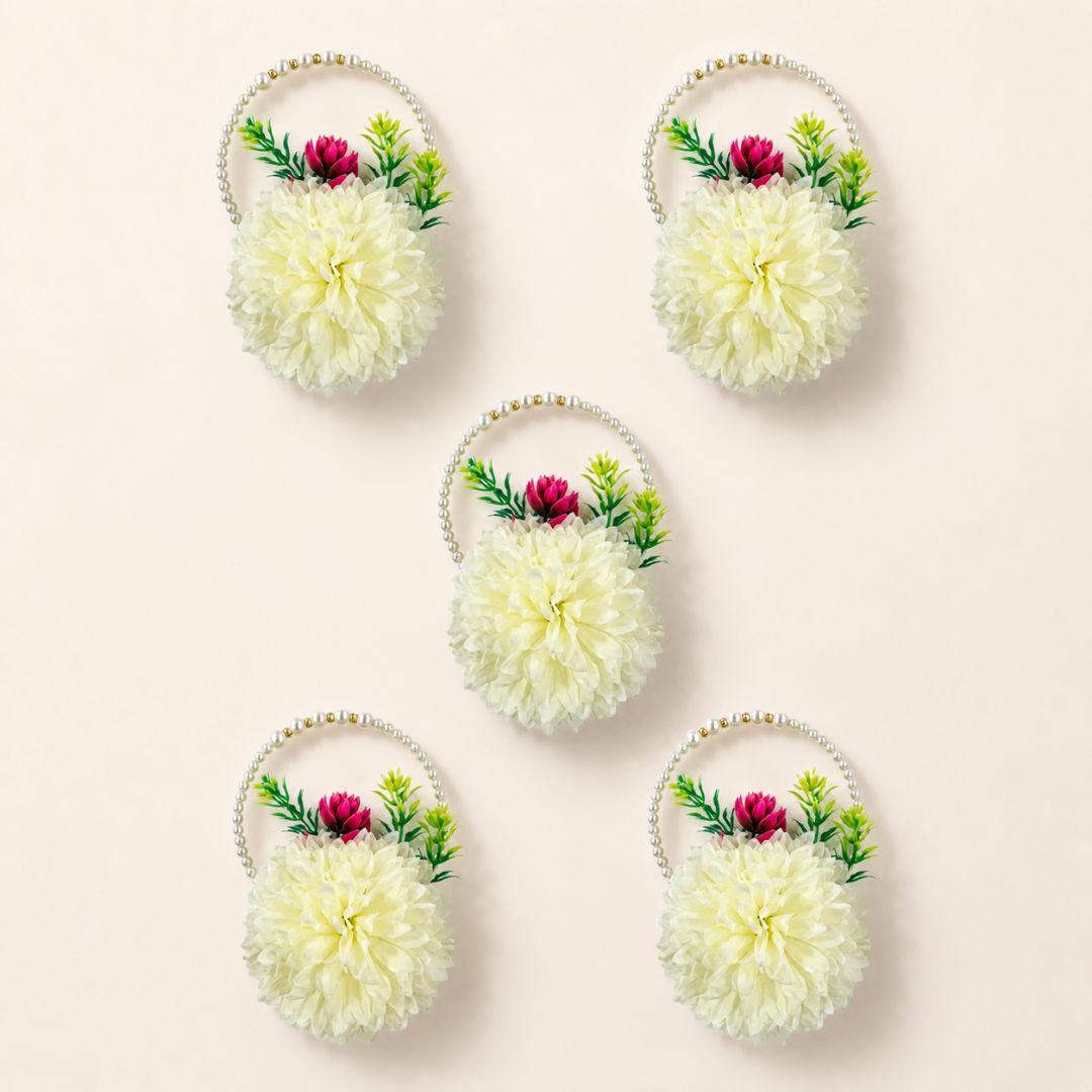 Set of 5 Ivory Pearl Handle Floral Decorative Accessories for Hamper & Trousseau Packing