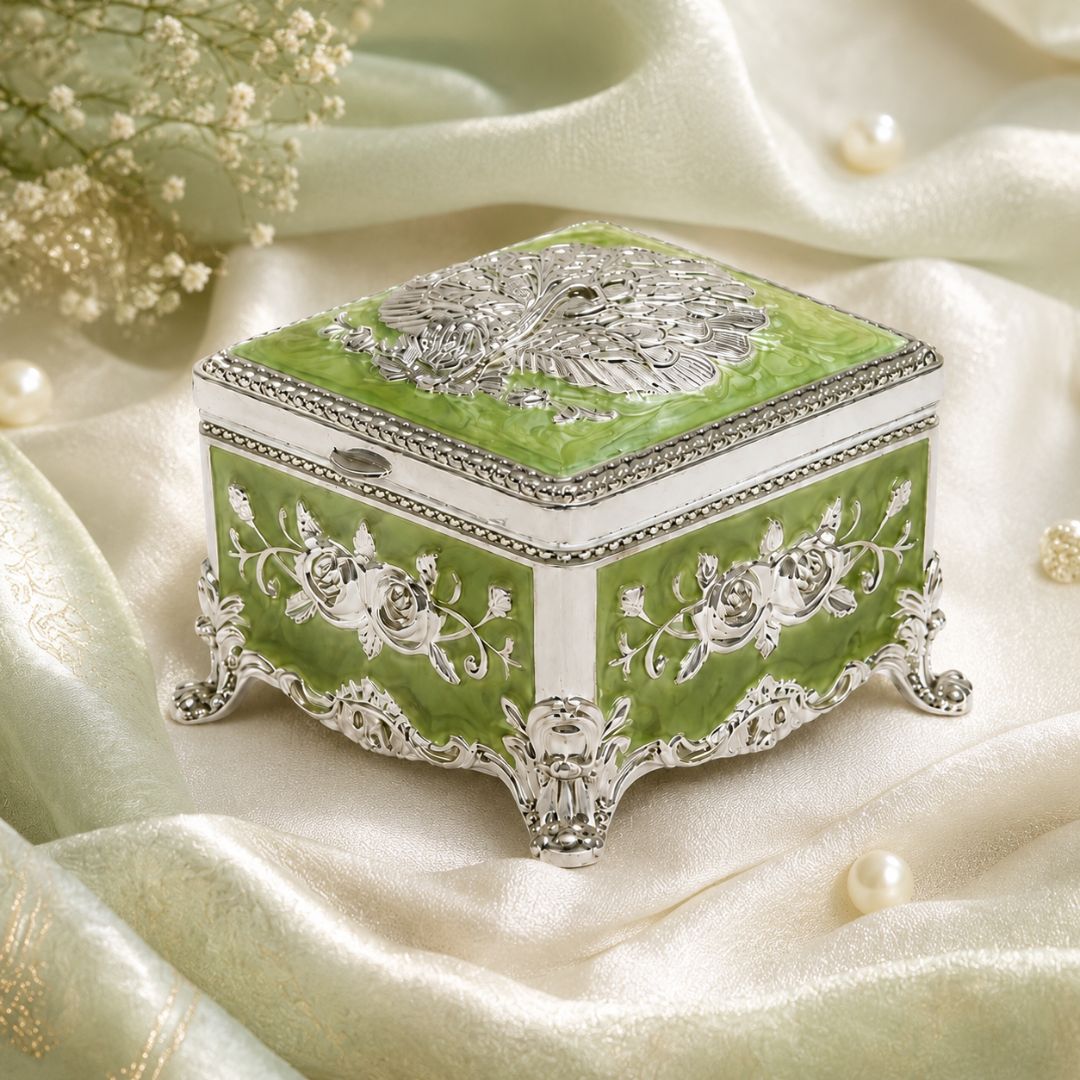 Royal Green Floral Metal Jewellery Box with Velvet Lining (3 x 3 x 2 Inch)