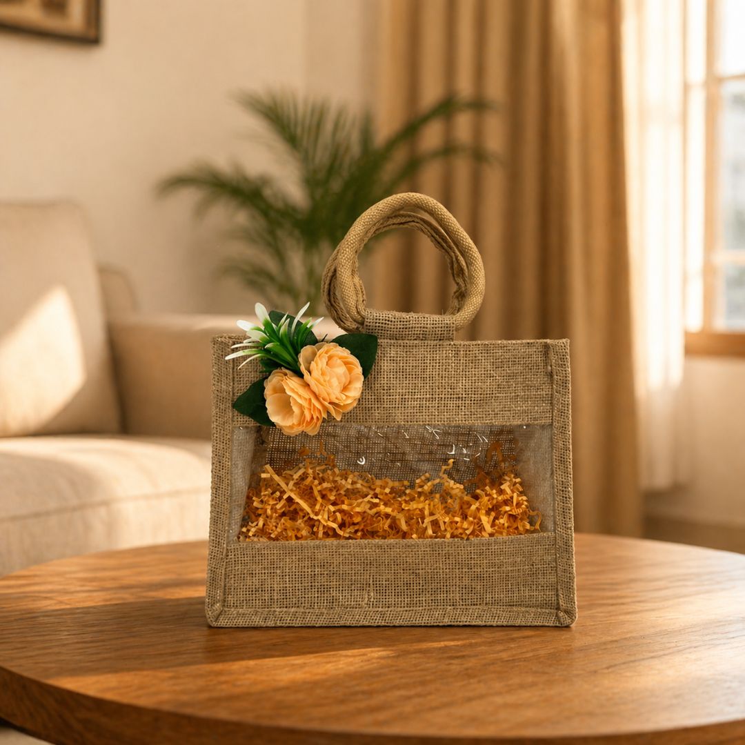 (Set of 5)Premium Jute Gift Basket with Transparent Window & Floral Accent – 11 x 13 Inch