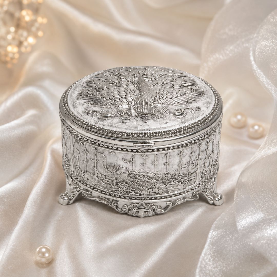 Adscraft Royal Peacock German Silver Jewelry & Dry Fruit Box with Velvet Lining (3 Inch)